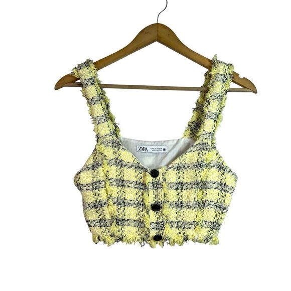 Zara Yellow Tweed Crop Tank Top Size Small Preppy - Picture 1 of 9